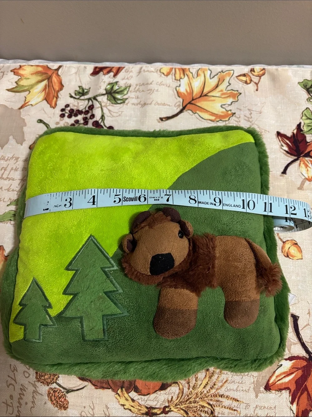 Green Woodland Plush Cushion with Attached Brown Buffalo
